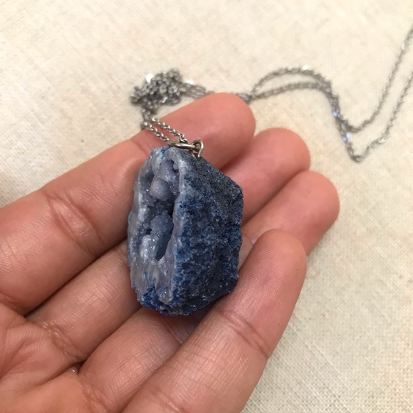 Dyed Blue Druzy Geode Pendant Necklace with Antique Silver Chain - Picture 4 of 4